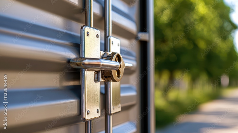 Poster secure lock on a container door with a blurred nature background in daylight