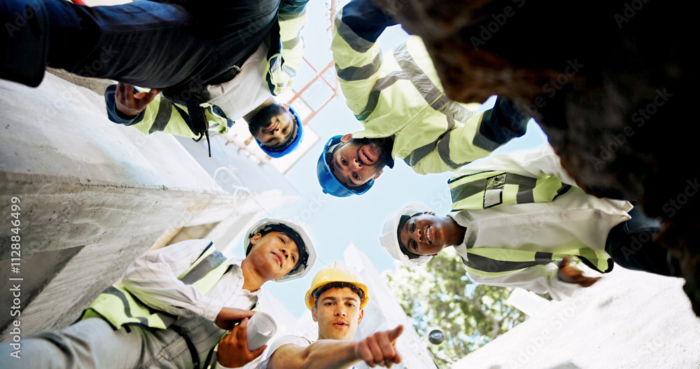 Poster architect, people and construction worker in circle, discussion and review low angle for building. m