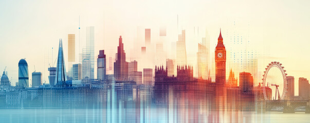Fototapeta premium A digital illustration of London's skyline with a Bitcoin symbol, blending modern architecture with financial technology in a vibrant, abstract style.