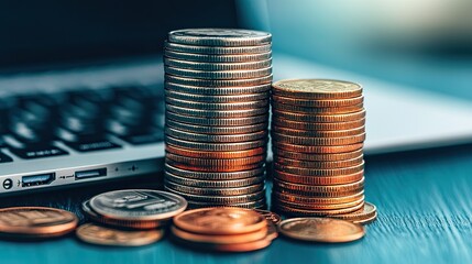 Value for money cost satisfaction, Stacks of coins, including both gold and silver, are positioned next to a laptop, symbolizing finance and digital transactions.