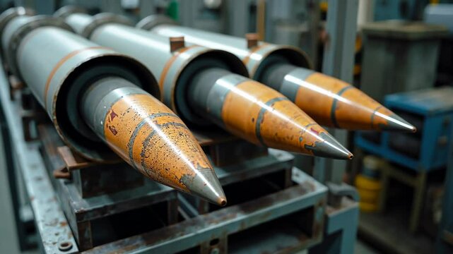 Military ordnance displayed in a weapons facility showing advanced munitions technology and weapons supplies