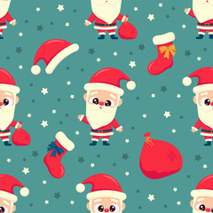 Cute santa with big kawaii eyes on festive background. Vector christmas seamless pattern.