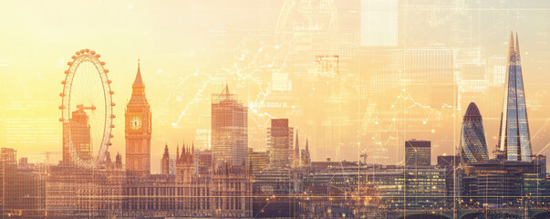 Obraz premium London skyline at sunset with digital financial symbols overlay, showcasing the city's blend of iconic architecture and modern financial technology.