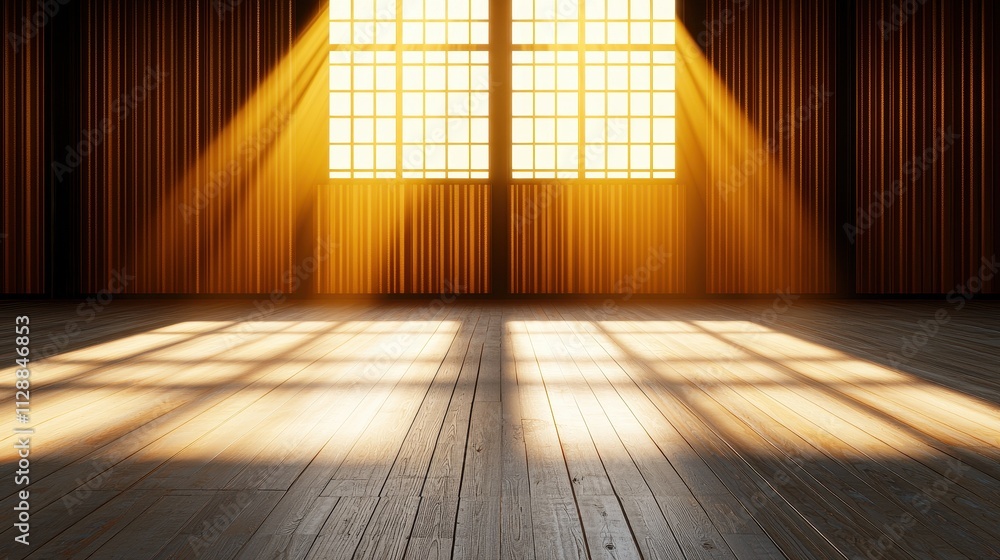Poster Sunlight Streams Through Windows in Empty Room with Warm Wooden Floor and Walls