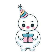 Happy snowman holding gift. Hand drawn vector illustration on white background.