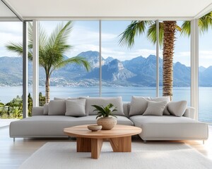 Cozy living room with panoramic sea view and wooden table
