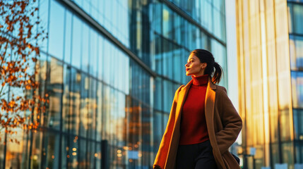 Fototapeta premium Elegant woman in mocha mousse coat strolls through modern district at sunset