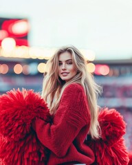 Beautiful blonde cheerleader girl holding pompom.