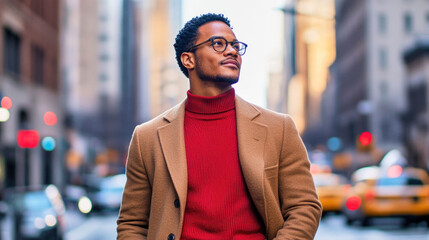 Fototapeta premium Fashionable man in mocha mousse coat and red sweater navigating city streets at dusk