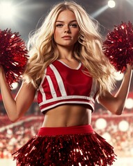 Beautiful blonde cheerleader girl holding pompom.