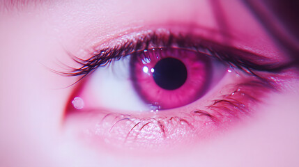 A captivating close-up of an eye with soft pink hues around it.