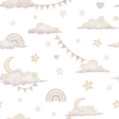 Seamless watercolor pattern with clouds, rainbows, stars and crescent moons in pastel tones pink and beige colors. Illustration of background for nursery wall art, wallpaper or baby textile designs.