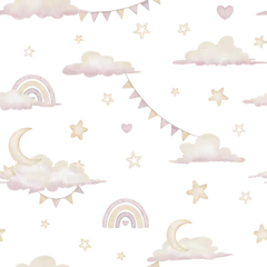 Seamless watercolor pattern with clouds, rainbows, stars and crescent moons in pastel tones pink and beige colors. Illustration of background for nursery wall art, wallpaper or baby textile designs. © Alisles