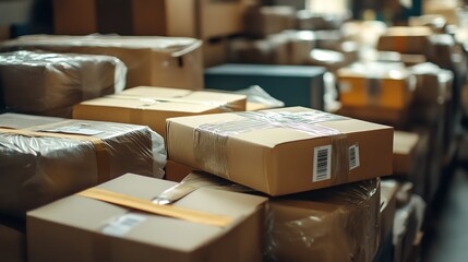 Staging area filled with readytoship goods copy space efficient setup ethereal Overlay with shipping labels