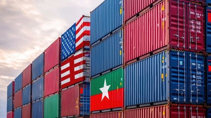 Fototapeta premium Colorful Cargo Containers with American Flag and Myanmar Flag in Shipping Yard