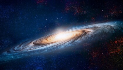 Obraz premium breathtaking view of a spiral galaxy, seen edge-on, surrounded by a dark, star-studded space. The galaxy is depicted with a glowing core radiating bright white light