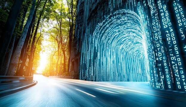 minimal photostock of a  Highway flyover with binary code numbers on motion blurred asphalt  road , speed and faster digital matrix technology information concept