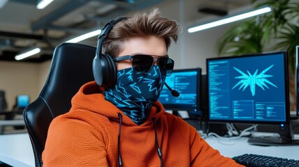 minimal photostock of a  Masked Hacker is Using Computer for Organizing Massive Data Breach Attack on Corporate Servers
