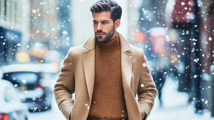 Fashionable man in mocha mousse coat braves snowy city streets in style