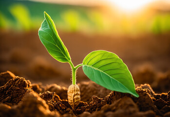 Close-up shot of a single peanut plant, highlighting its vibrant green leaves, buried in the soil and the rough texture of the stalk. The sun casts a warm, golden light on the peanut plant