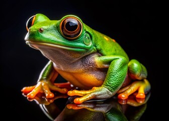 Obraz premium Close-Up of a Vibrant Green Tree Frog Resting on a Black Background, Showcasing Its Detailed Features and Textures in Macro Photography
