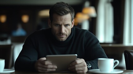 Employee reviewing benefits on a tablet copy space personalized service ethereal Overlay with corporate branding