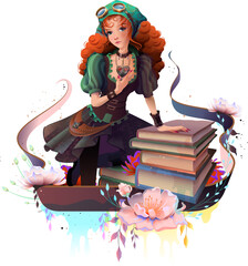 Young woman girl in steampunk dress and stack of books. Vector cartoon illustration isolated on white