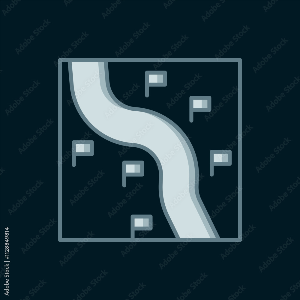 Poster line route location icon isolated on black background. train line path of train road route with star