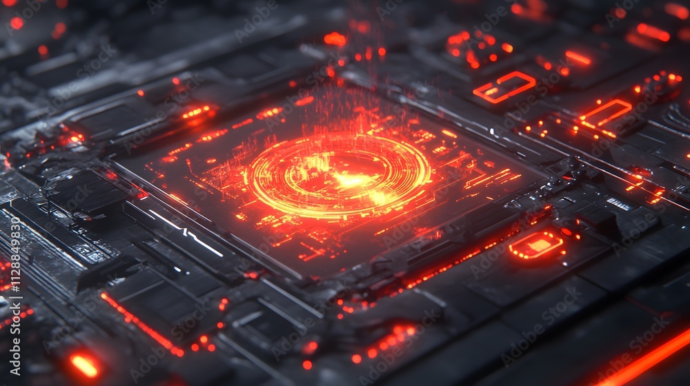 Poster glowing red circuit board core.