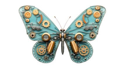 A stunning steampunk butterfly with intricate gears and mechanical components crafted into its turquoise wings, merging nature with technology.