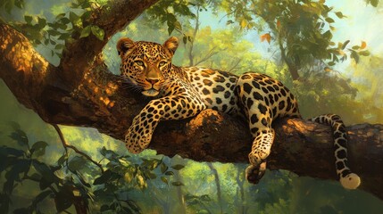 Majestic Leopard Relaxing on Tree Branch in Forest Setting