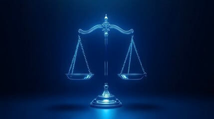 Glowing scales of justice on blue background.