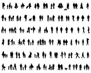 Black silhouettes of families in walk on a white background	