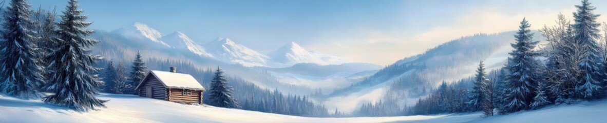 Obraz premium Winter Village banner with Snowfall, European Style Architecture on a Mountainous Backdrop for Real Estate or Travel Promotions