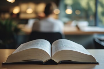 Obraz premium Open book on table with person in background, concept of learning