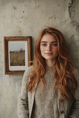 Fototapeta premium Portrait of a young woman with red hair standing by a concrete wall