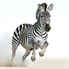 Fototapeta premium A majestic zebra galloping gracefully across an open landscape, showcasing its distinct black and white stripes in motion.