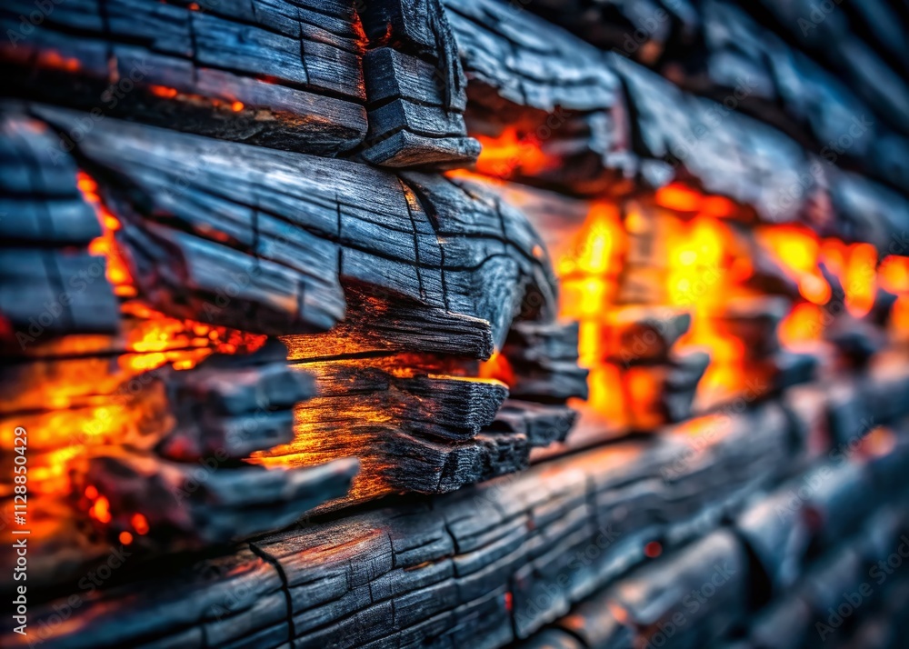 Poster close-up of charred wooden wall with tilt-shift effect highlighting textures and patterns for unique