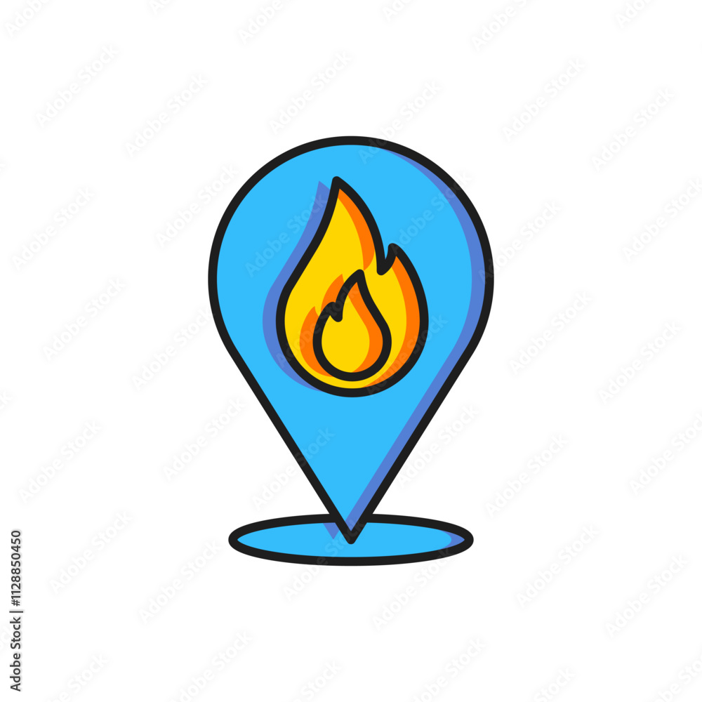 Poster color map pointer with fire flame icon isolated on white background. fire nearby. flat filled outlin