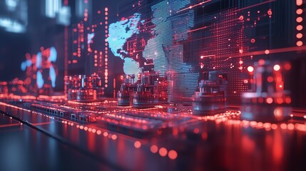 Chain of factories connected by digital lines selective focus flow of goods futuristic Double exposure over global map