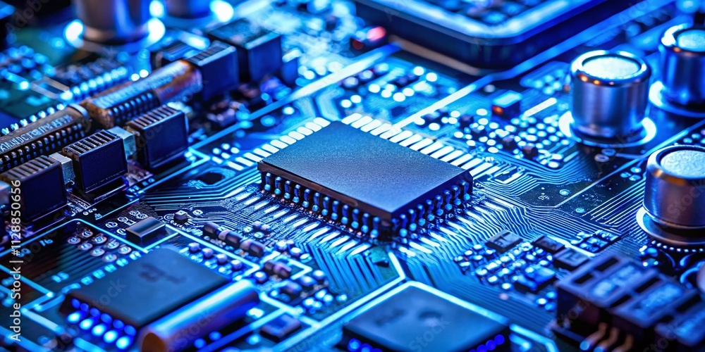 Poster close-up of circuit components on a motherboard with electric blue tones emphasizing technological i