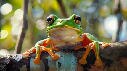 Fototapeta premium A frog is in a tree on a limb with an unclear backdrop