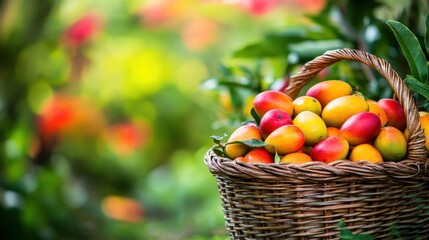 A Basket Full of Ripe Mangoes in a Lush Garden
