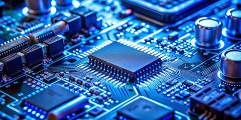 Close-Up of Circuit Components on a Motherboard with Electric Blue Tones Emphasizing Technological Intricacies and Modern Electronics in a Stunning Rule of Thirds Composition