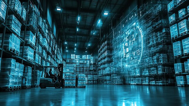 Forklifts organizing pallets in a warehouse focus on inventory flow futuristic blend mode with inventory charts overlay