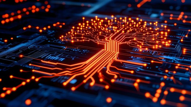 Glowing tree-like circuit board pattern.