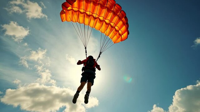 Skydiver glides through clouds under a vibrant orange parachute on a sunny day
