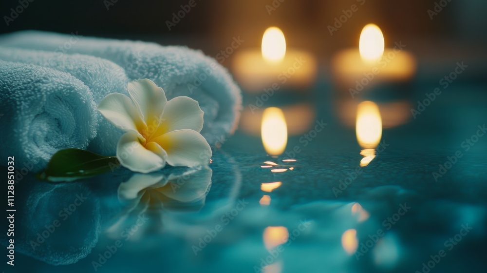 Poster soft towels are neatly arranged beside a serene pool, accompanied by flickering candles casting a wa