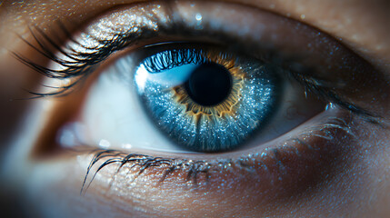 A close-up of an eye with shimmering silver makeup.