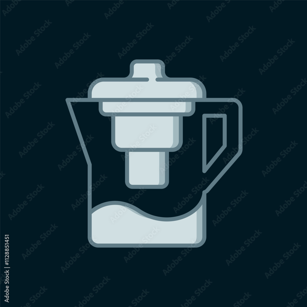 Poster line water jug with a filter icon isolated on black background. flat filled outline style with shado
